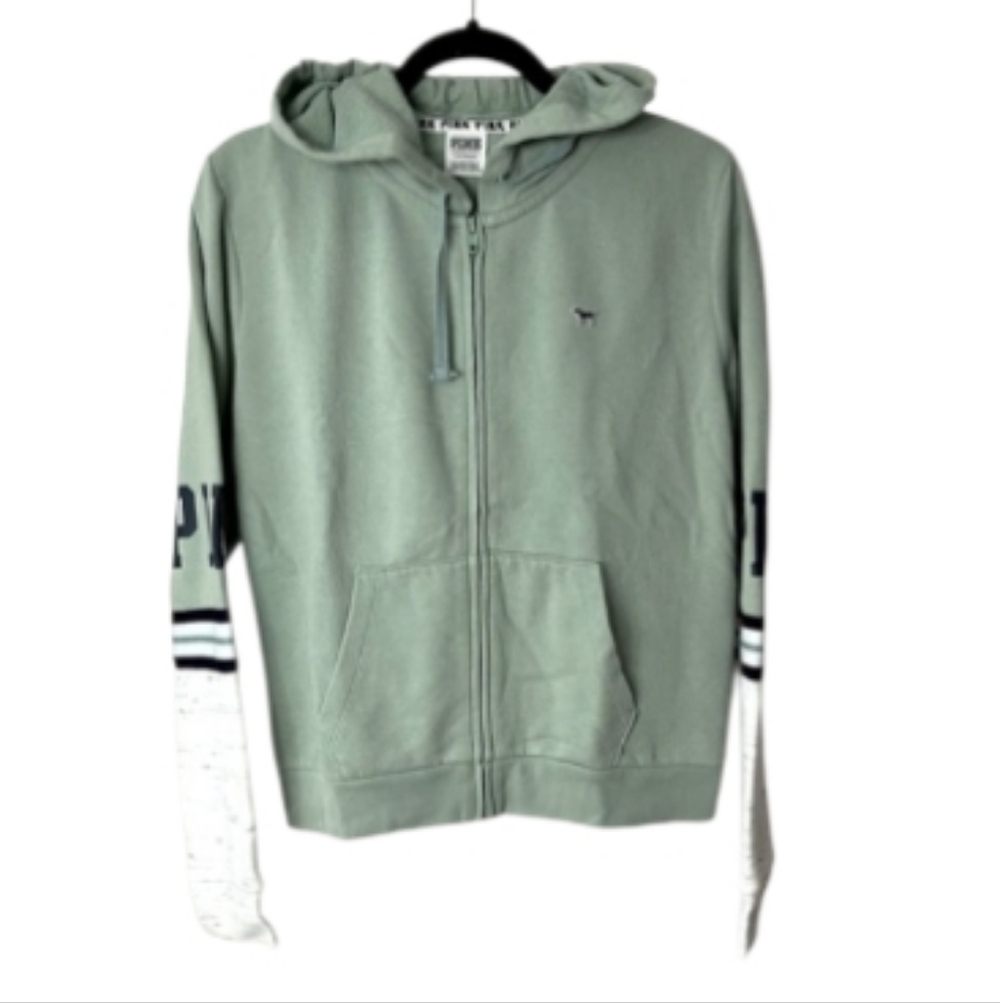 PINK VS Full Zip Color Block Hoodie Sage, Cream & Navy